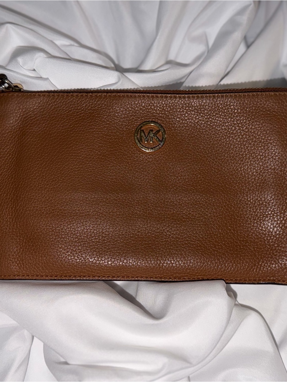 Michael Kors Cognac Pebbled Leather Wristlet with MK Logo